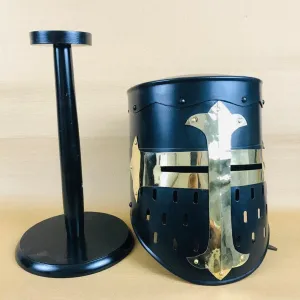 Black Design Medieval Knight Armor Crusader Viking Templar Helmet Helm Mason's Brass Cross Free Wooden Stand