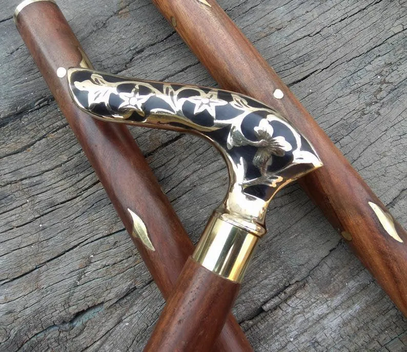 Black Flower Brass Handle Wooden Walking Stick, Hiking Stick Wands