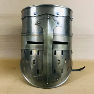 Brass Antique Design Medieval Knight Armor Crusader Templar Helmet Helm Mason's Brass Cross Free Wooden Stand