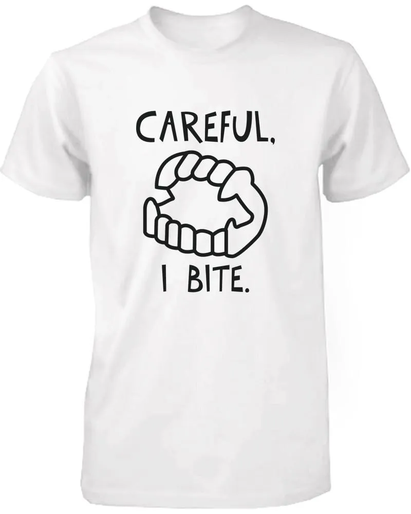 Careful I Bite! Funny Men's T-Shirt White Crewneck Graphic Shirt for Halloween