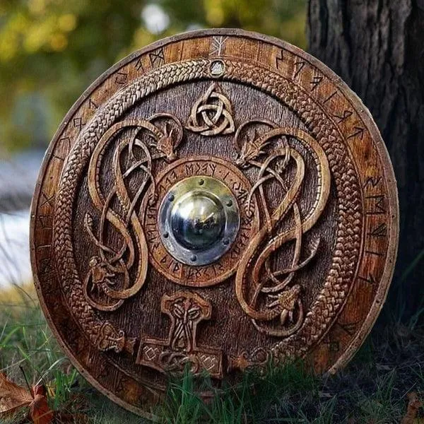 Carved Norse Runic Shield with Jrmungandr Ornaments, 24 Inches