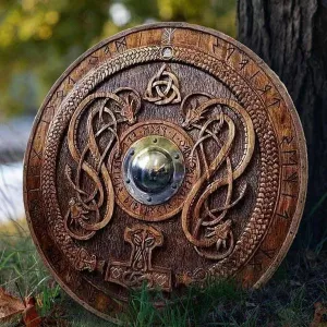 Carved Norse Runic Shield with Jrmungandr Ornaments, 24 Inches