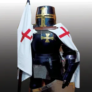 Crusader Templar Knight Medieval Armor Suit with Shield Cloak and Flag