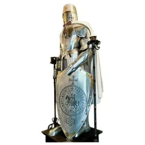 Crusader Templar Knight Medieval Armor Suit with Shield Cloak and Flag