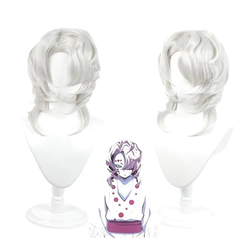 Demon Slayer Kimetsu no Yaiba Rui Silver Curly Long Cosplay Wigs