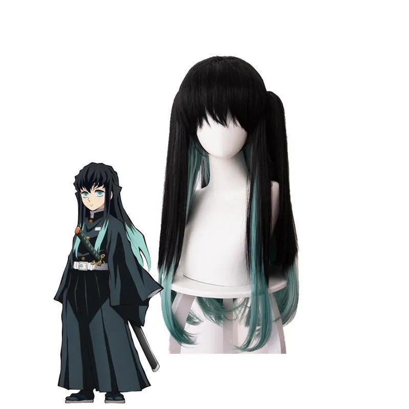 Demon Slayer Tokitou Muichirou Long Straight Green Mixed Black Cosplay Wigs
