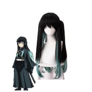 Demon Slayer Tokitou Muichirou Long Straight Green Mixed Black Cosplay Wigs