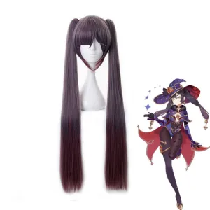 Genshin Impact Mona Megistus Long Double Ponytail Dark Brown Cosplay Wigs