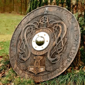 Handcarved Norse Runic Jrmungandr Ornaments Viking Shield, Large, 30 Inches