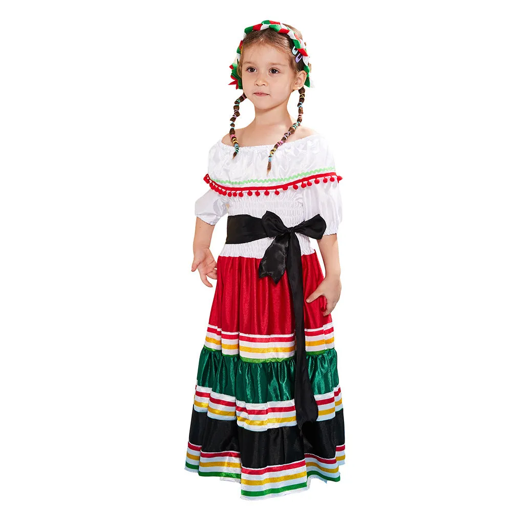 Kids Mexican Ethnic Girl Costume Dress | For Halloween, Stage Performance, Costume Parties, Cultural Events
