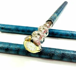 Nautical Brass Chrome Designer Handle Leather Engraved Walking Stick with Clock