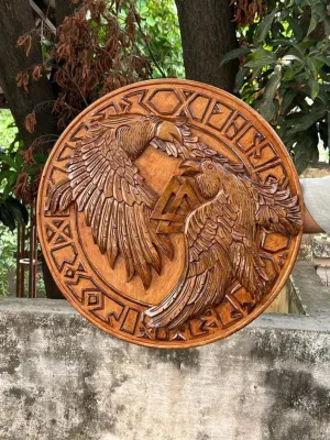 Raven's Call: Authentic Viking Shield, 24" with Norse Raven Carving - Ideal for Warriors, Dcor