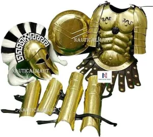 Roman Muscle Cuirass with Shoulder Armor Greek Corinthian Helmet   300 Spartan Leg Arm Guard & Shield Medieval Knight LARP Halloween Costume
