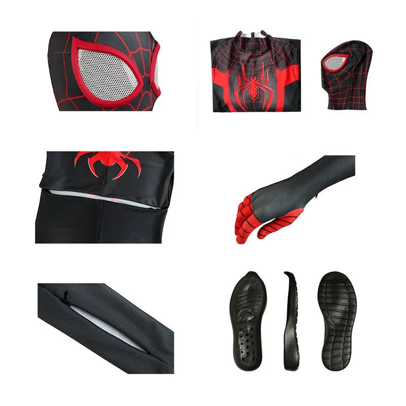 Spider-Man: Into the Spider-Verse Miles Morales Spiderman Elastic Force Jumpsuit Cosplay Costume with Free Headgear