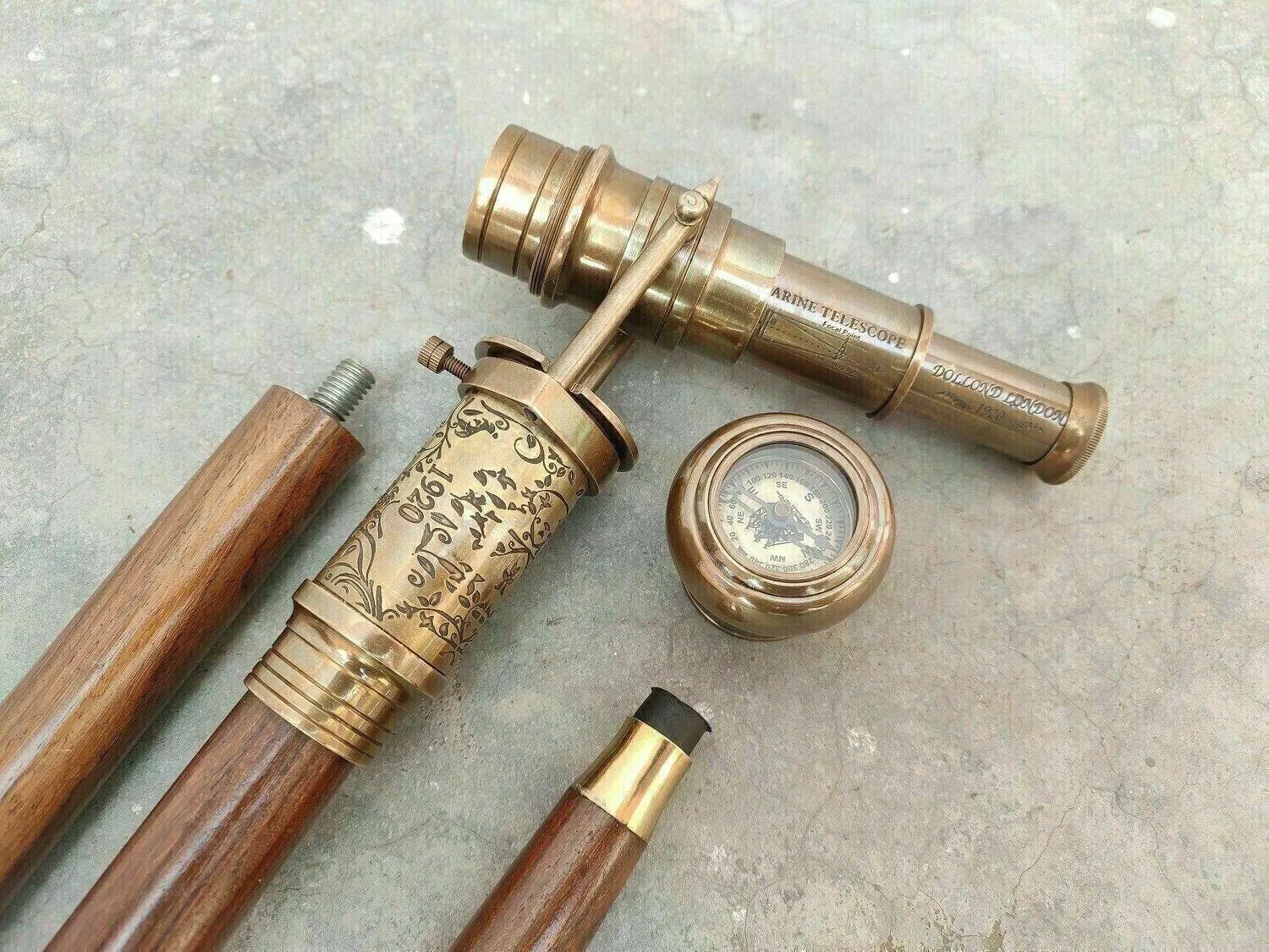 Victorian Spy Telescope & Antique Compass Brass Handle Wooden Walking stick Cane
