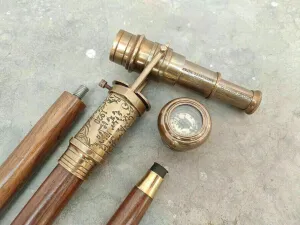 Victorian Spy Telescope & Antique Compass Brass Handle Wooden Walking stick Cane