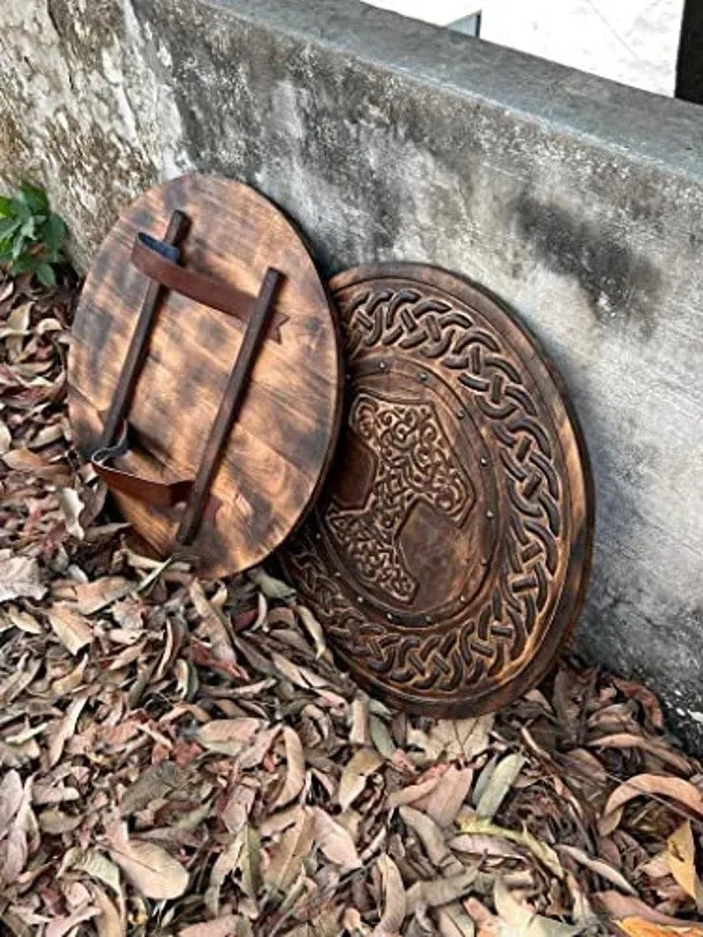 Viking Round Carving Shield, 24 Inch Knight Battle Medieval Warrior Ship Armor Wooden Shield Best Wall Dcor Gifts