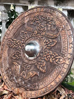 Viking Round Dragon Shield - Hand-Carved Wooden Shield - Norse Inspired Decor