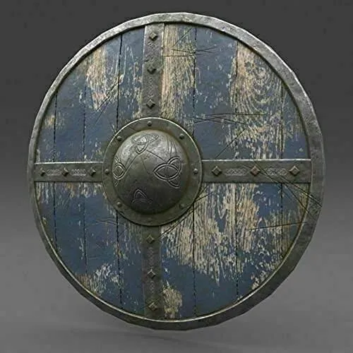Viking Shield | Brown & Blue Medieval LARP & Battle-Ready Round Wooden Shield