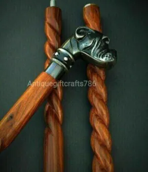 Vintage Bulldog Head Handle Victorian Walking Stick Wooden Cane Antique Gift