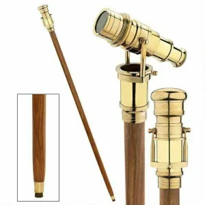 Vintage Nautical Wooden Walking Stick Cane with Brass Hidden Telescope Handle