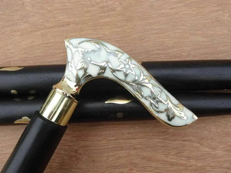 White Flower Leaf Victorian Handle brass walking stick