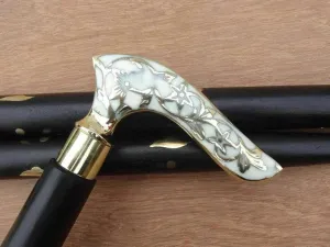 White Flower Leaf Victorian Handle brass walking stick